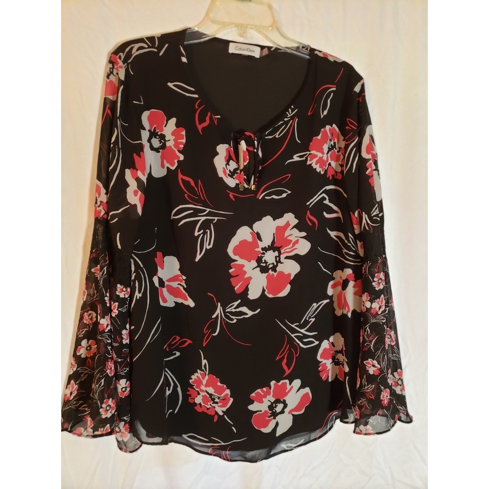 Women's Calvin Klein Black Floral Long Sleeve Blouse Size XL